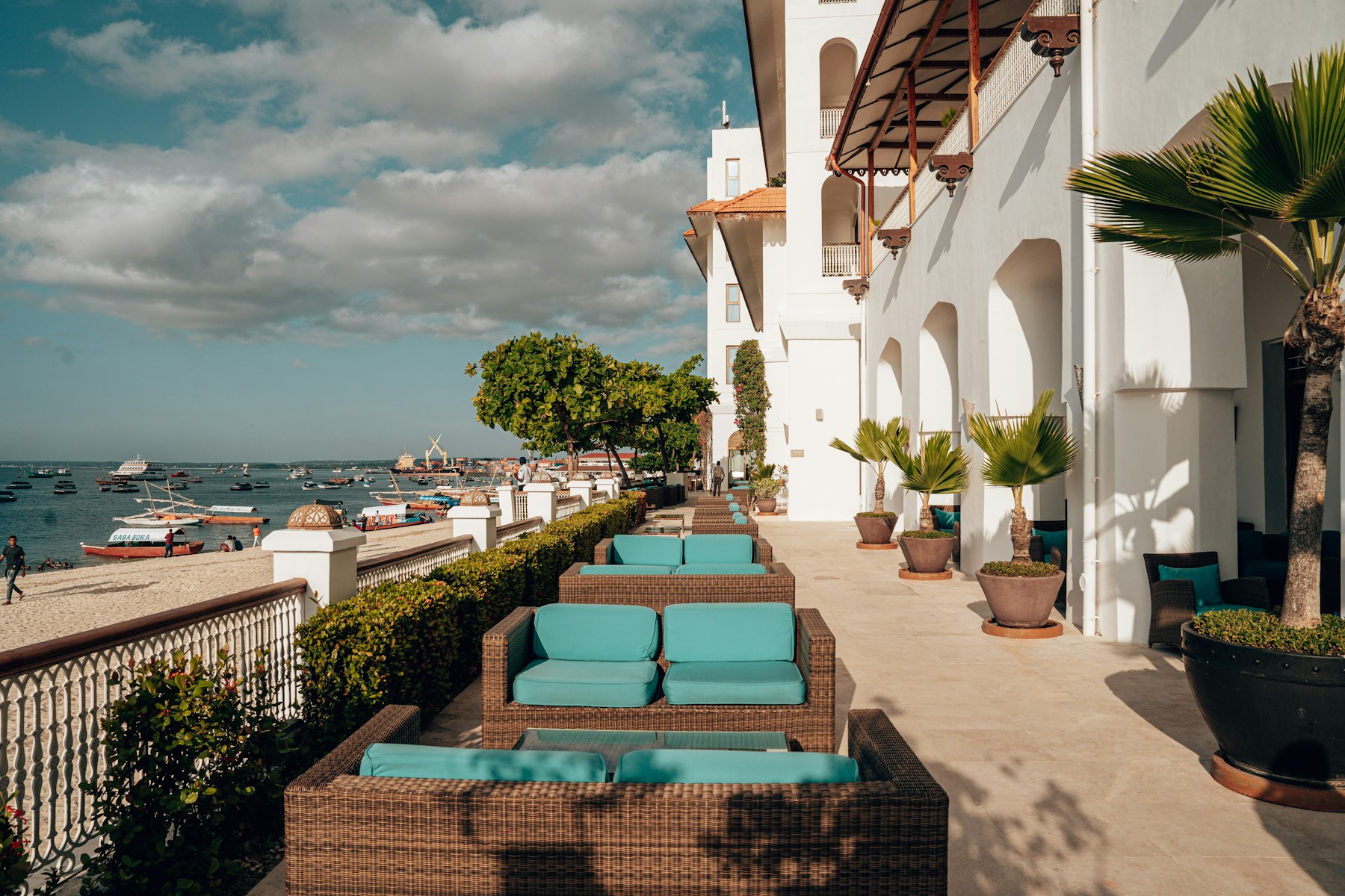 Coastal terrace with reclining chairs facing the sea
