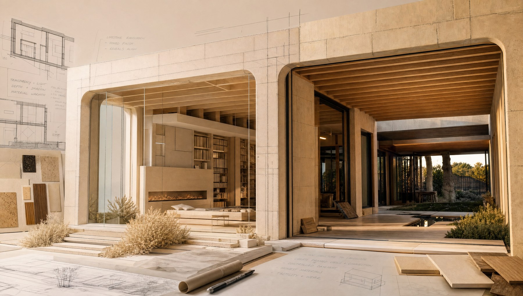 Architectural study with emerging limestone, timber and glazing